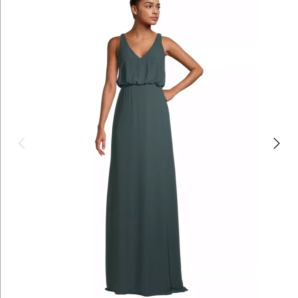 Bill Levkoff Eva Chiffon V-Neck A-Line Princess Dress in Evergreen